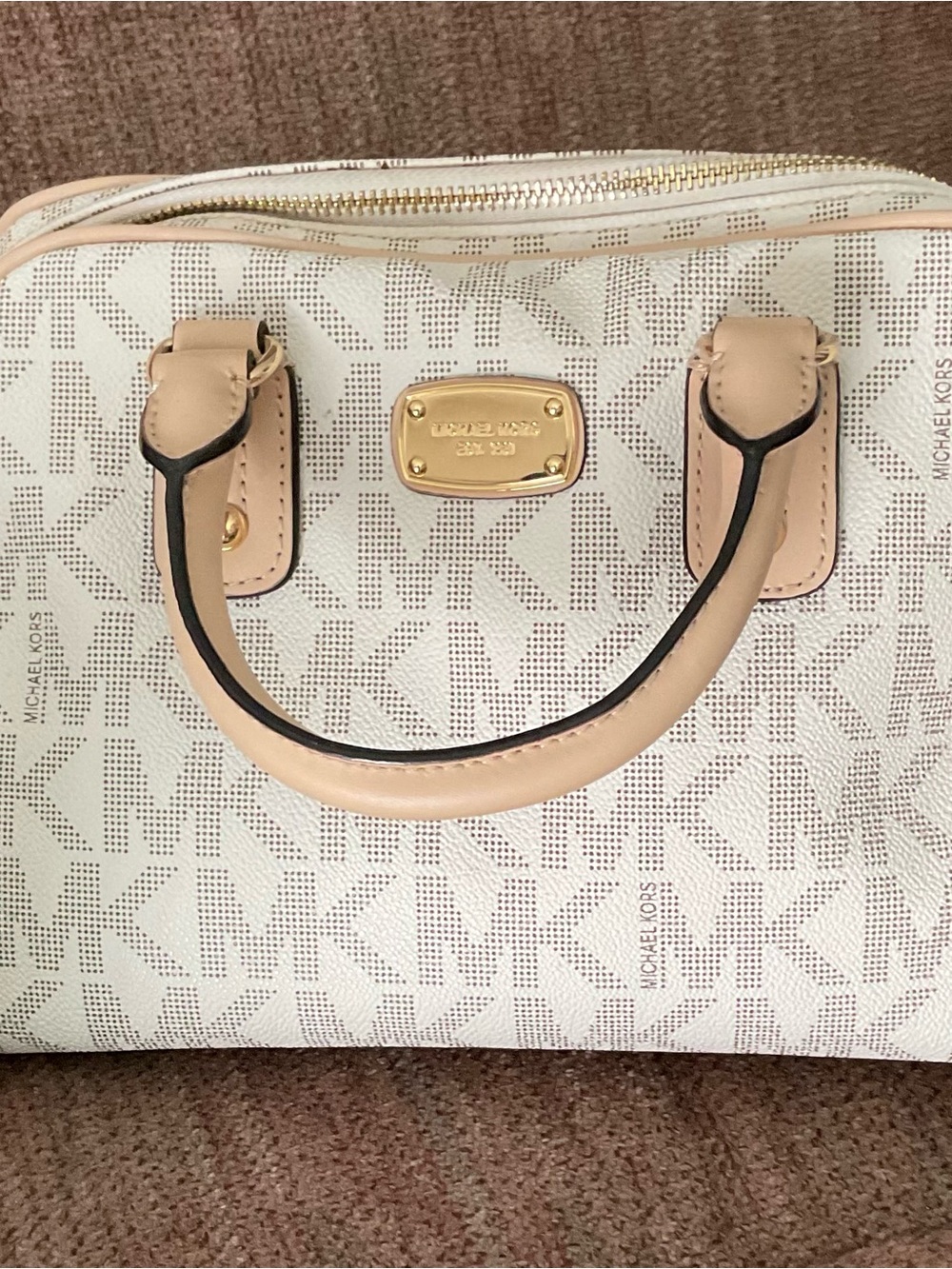 Michael Kors Cream/Light Beige MK Logo Satchel with Gold Plate